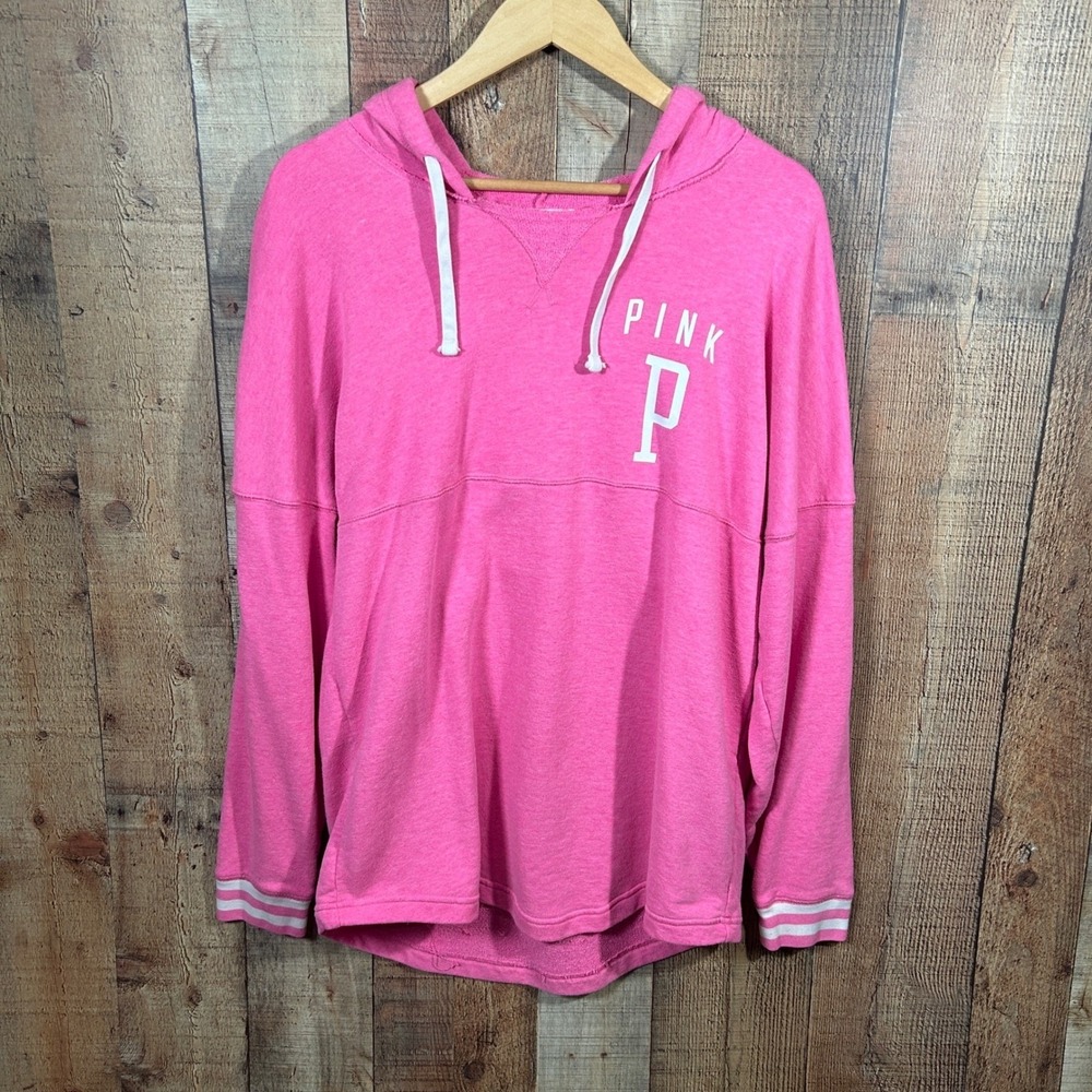 PINK Victoria's Secret Hoodie Pullover Logo Striped Cuffs Varsity Y2K Mallcore